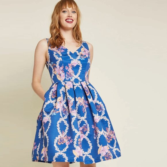 Modcloth "Beautiful You" Floral Helix Fit & Flare Dress in Blue/Pink, size S - Picture 2 of 13